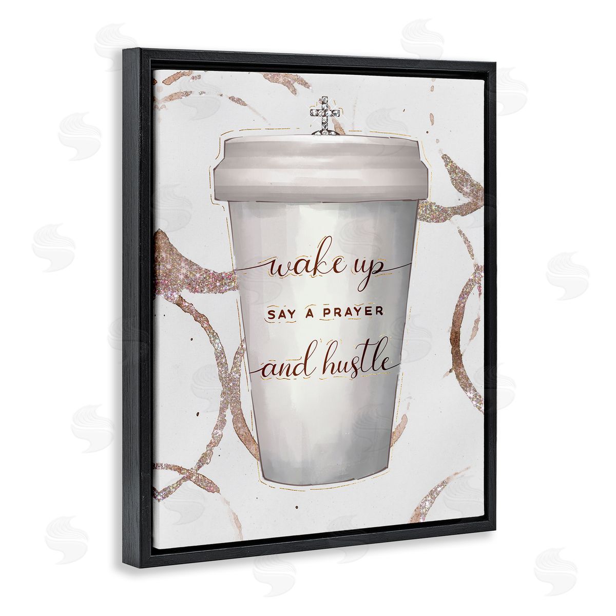 Ziwei Li Wake Up Pray Hustle Phrase Coffee Cup Glam Black Floater Frame Canvas Art