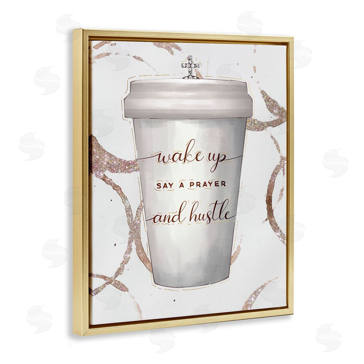 Ziwei Li Wake Up Pray Hustle Phrase Coffee Cup Glam Gold Floater Frame Canvas Art