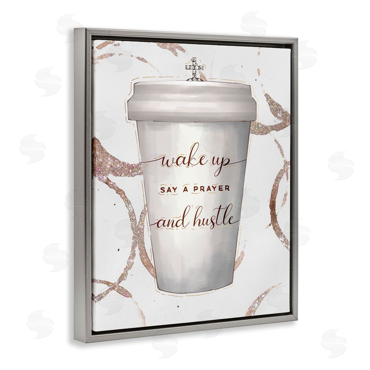 Ziwei Li Wake Up Pray Hustle Phrase Coffee Cup Glam Gray Floater Frame Canvas Art