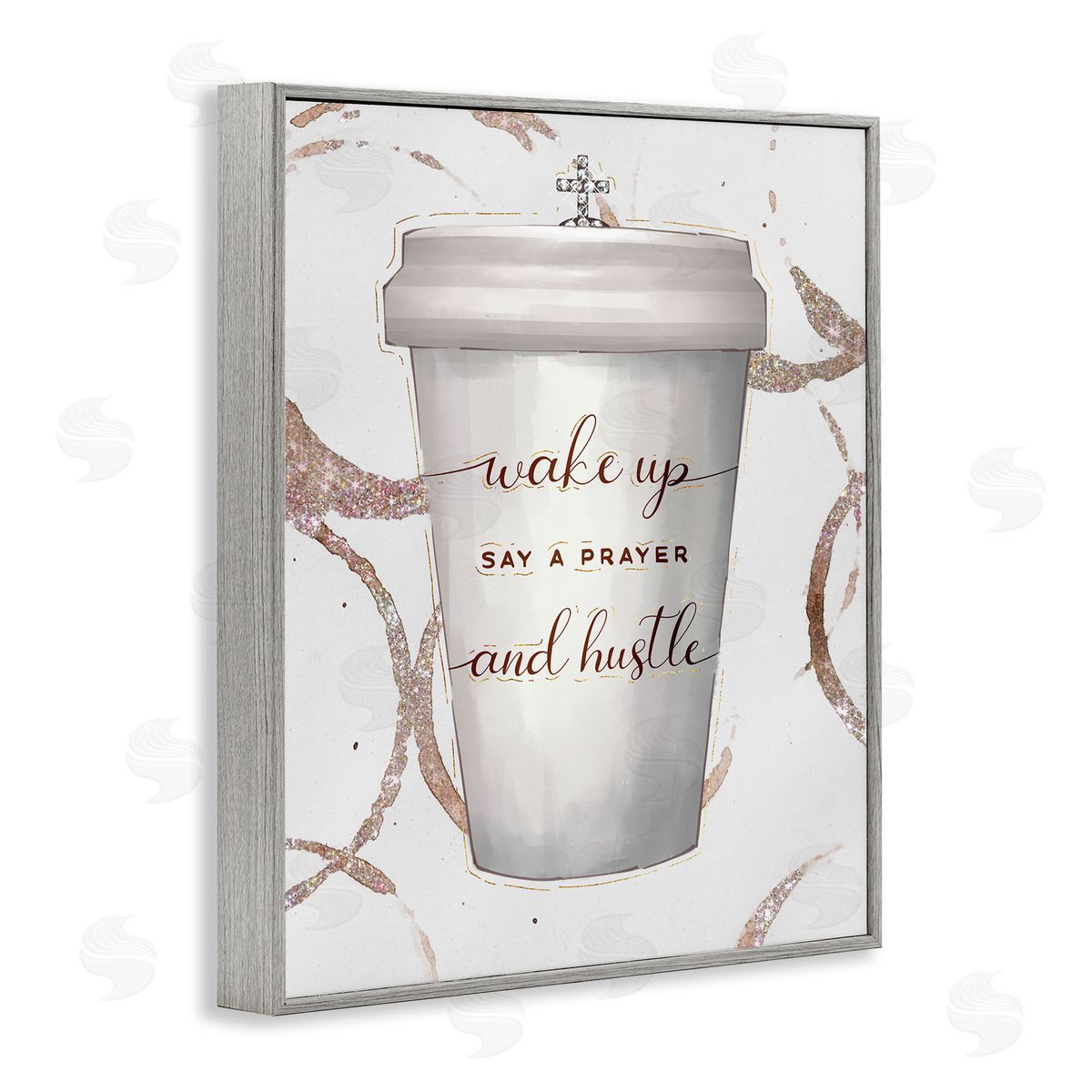 Ziwei Li Wake Up Pray Hustle Phrase Coffee Cup Glam Gray Framed Giclee Wall Art