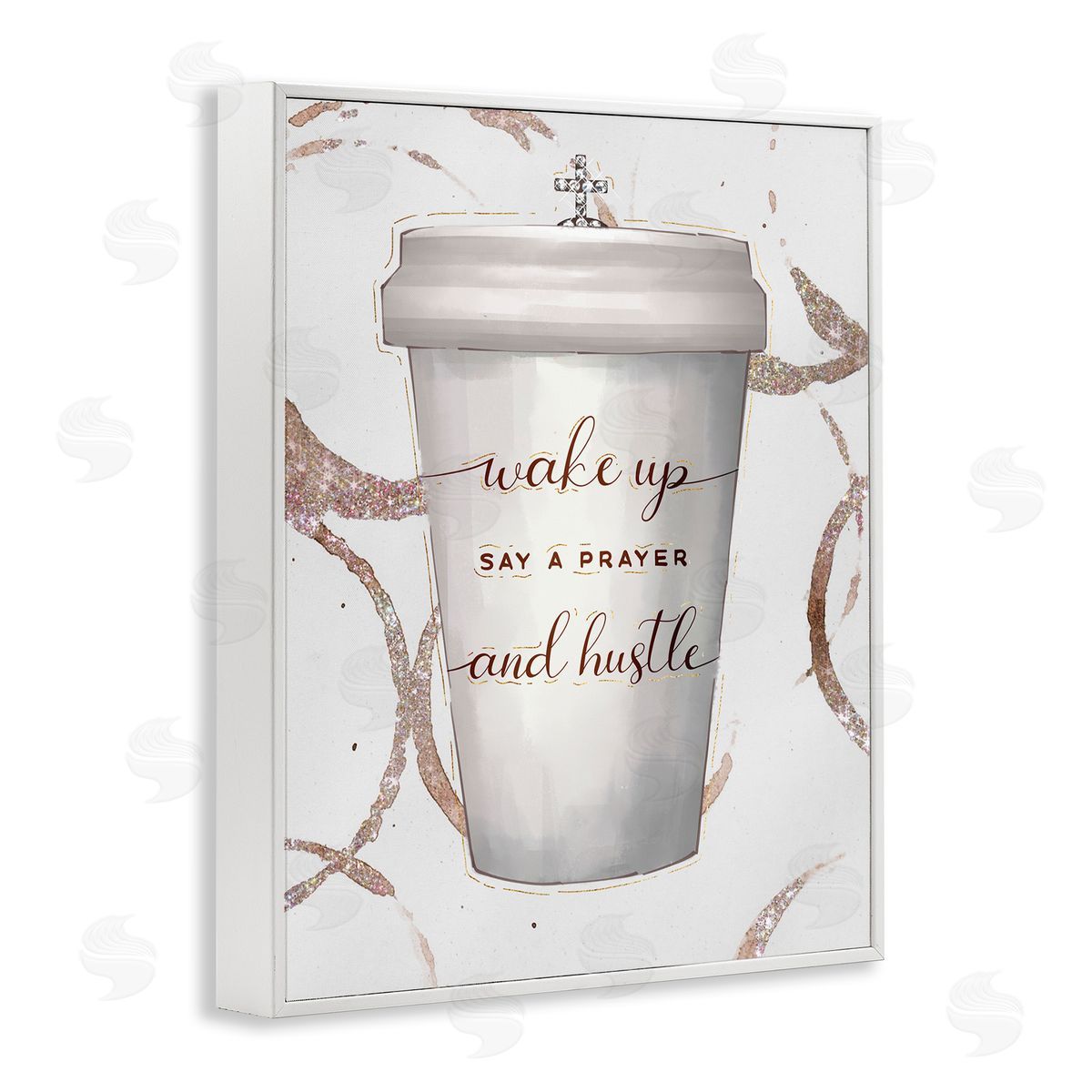 Ziwei Li Wake Up Pray Hustle Phrase Coffee Cup Glam White Framed Giclee Wall Art
