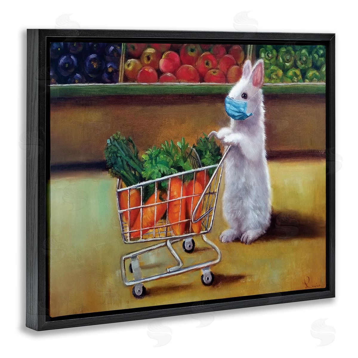 Lucia Heffernan Bunny Rabbit Carrot Shopping Face Mask Detail Black Floater Frame Canvas Art