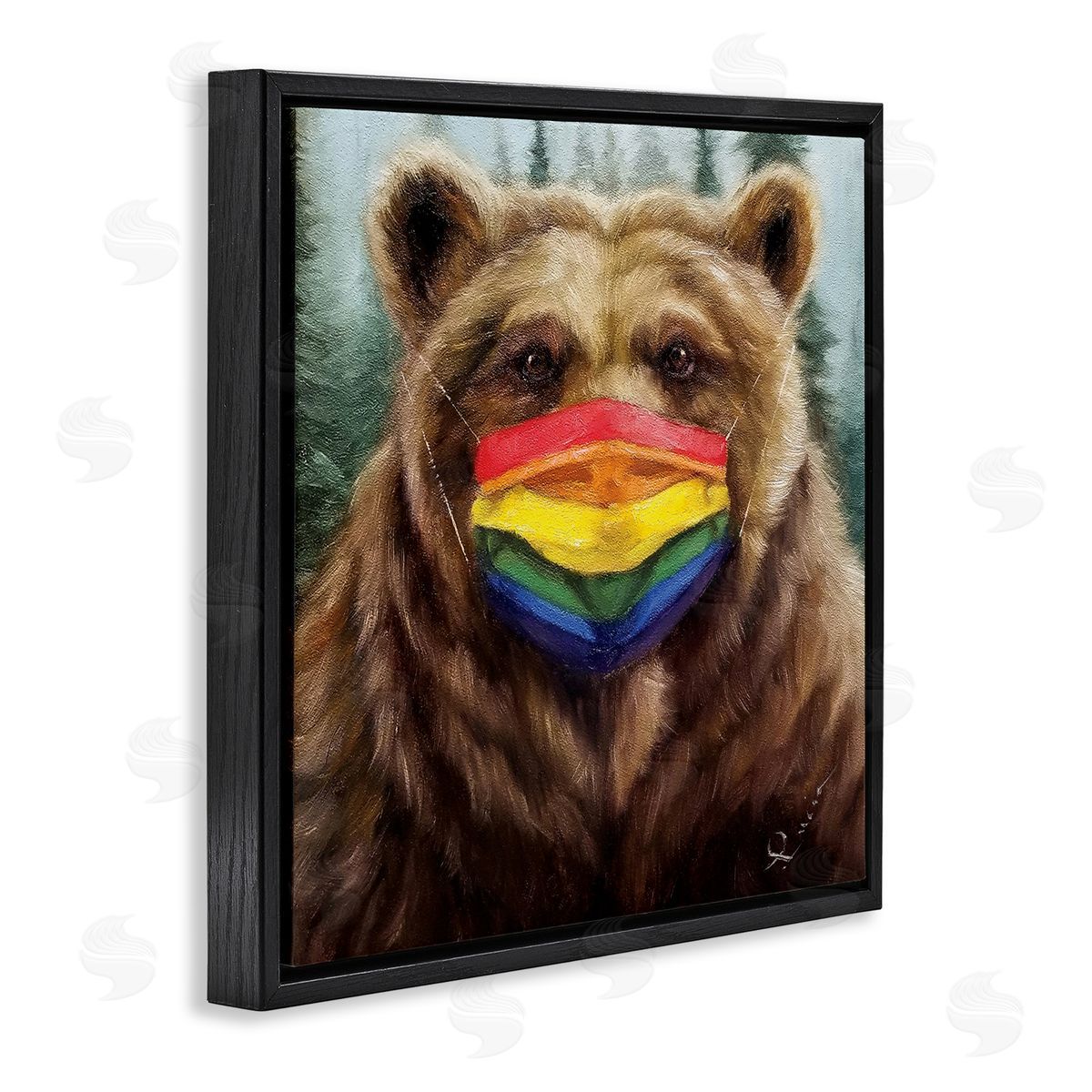Lucia Heffernan Brown Bear Rainbow Face Mask Forest Animal Black Floater Frame Canvas Art