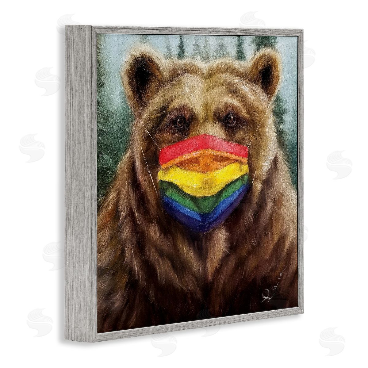 Lucia Heffernan Brown Bear Rainbow Face Mask Forest Animal Gray Framed Giclee Wall Art