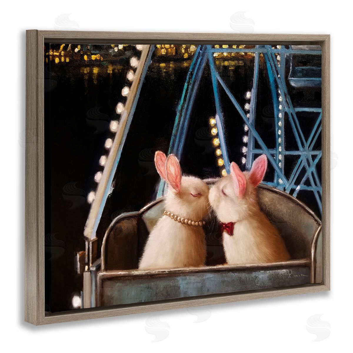Lucia Heffernan Rabbit Couple Romantic Ferris Wheel Kiss Brown Floater Frame Canvas Art