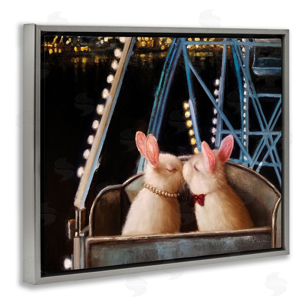 Lucia Heffernan Rabbit Couple Romantic Ferris Wheel Kiss Gray Floater Frame Canvas Art