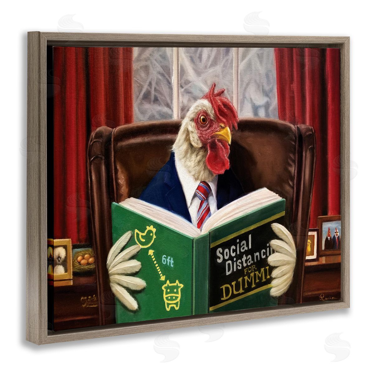 Lucia Heffernan Rooster Reading at Desk Social Distance Dummies Brown Floater Frame Canvas Art