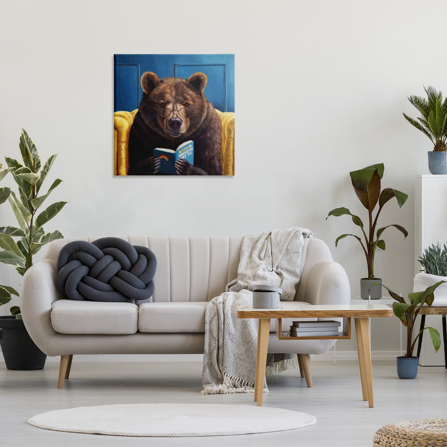Brown Bear Reading Dating Book Canvas Wall Art in Room, Home Decor by Lucia Heffernan