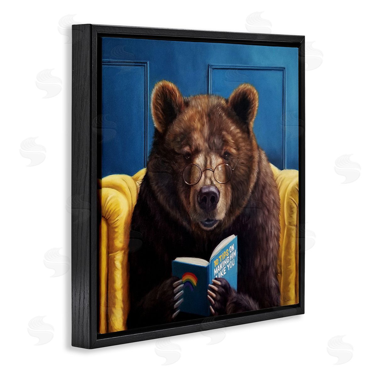 Brown Bear Reading Dating Book Black Floating Frame Canvas Wall Art, Home Decor by Lucia Heffernan