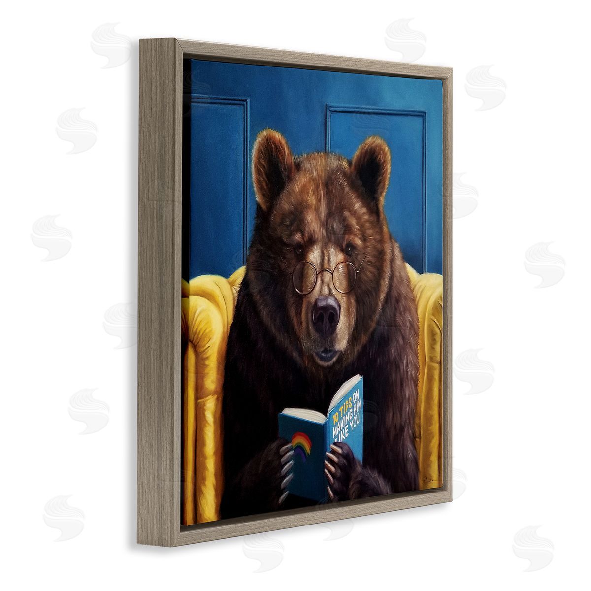 Brown Bear Reading Dating Book Brown Floating Frame Canvas Wall Art, Home Decor by Lucia Heffernan