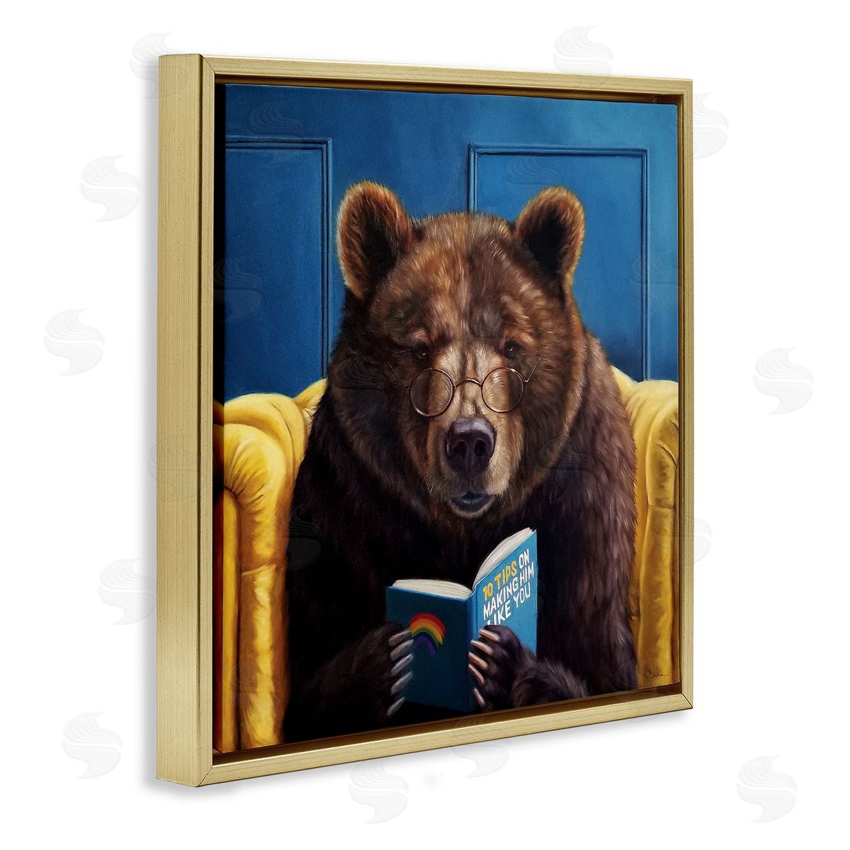 Brown Bear Reading Dating Book Gold Floating Frame Canvas Wall Art, Home Decor by Lucia Heffernan
