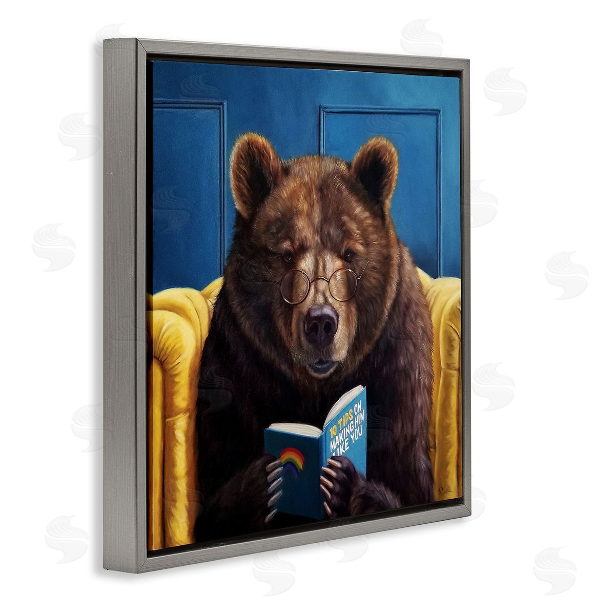 Brown Bear Reading Dating Book Grey Floating Frame Canvas Wall Art, Home Decor by Lucia Heffernan