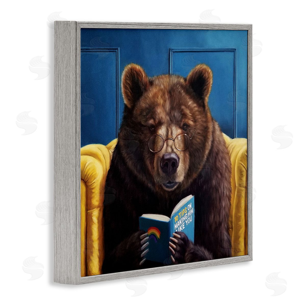 Brown Bear Reading Dating Book Grey Frame Print Wall Art, Home Decor by Lucia Heffernan