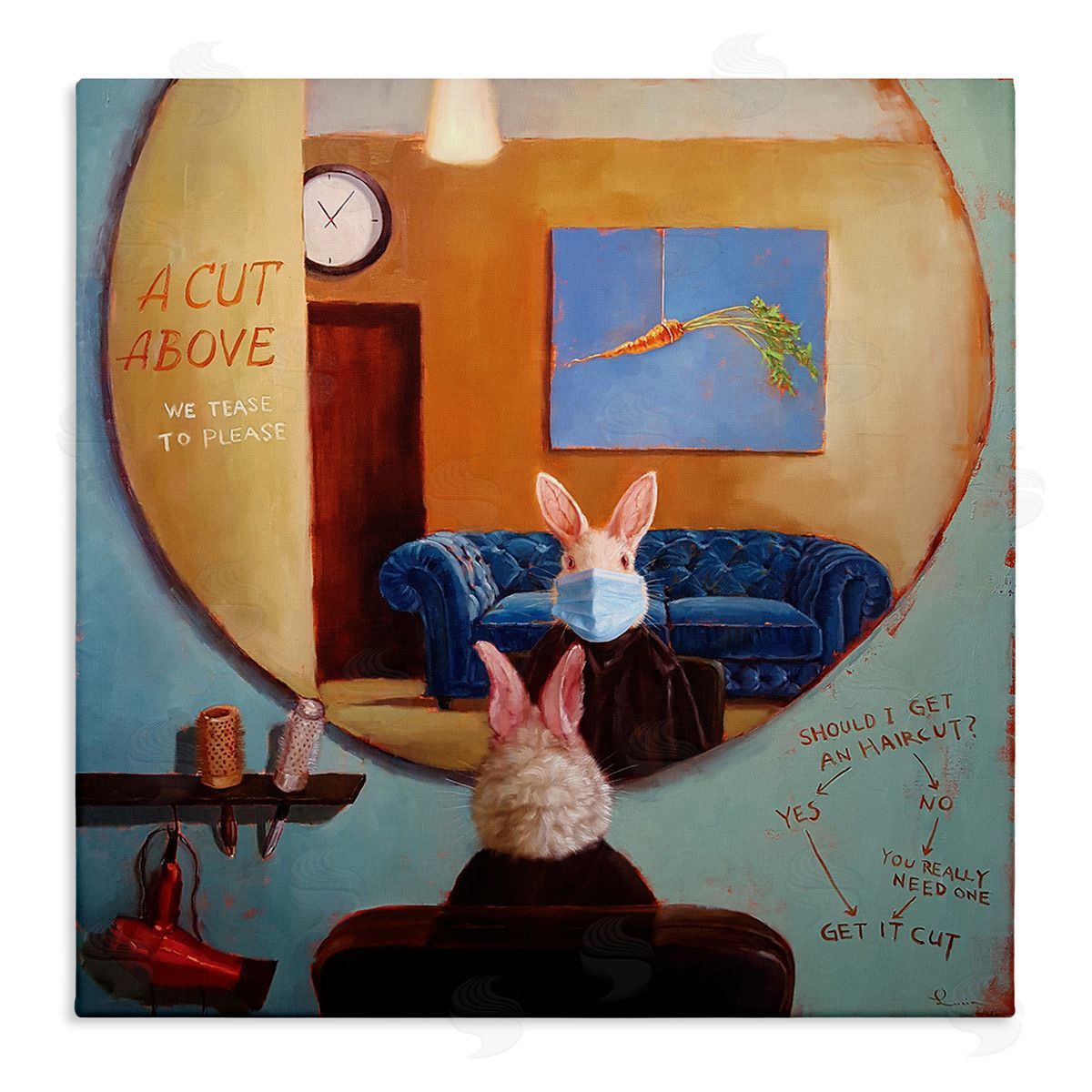 Lucia Heffernan Rabbit At Hair Salon Funny Blue Face Mask Canvas Wall Art
