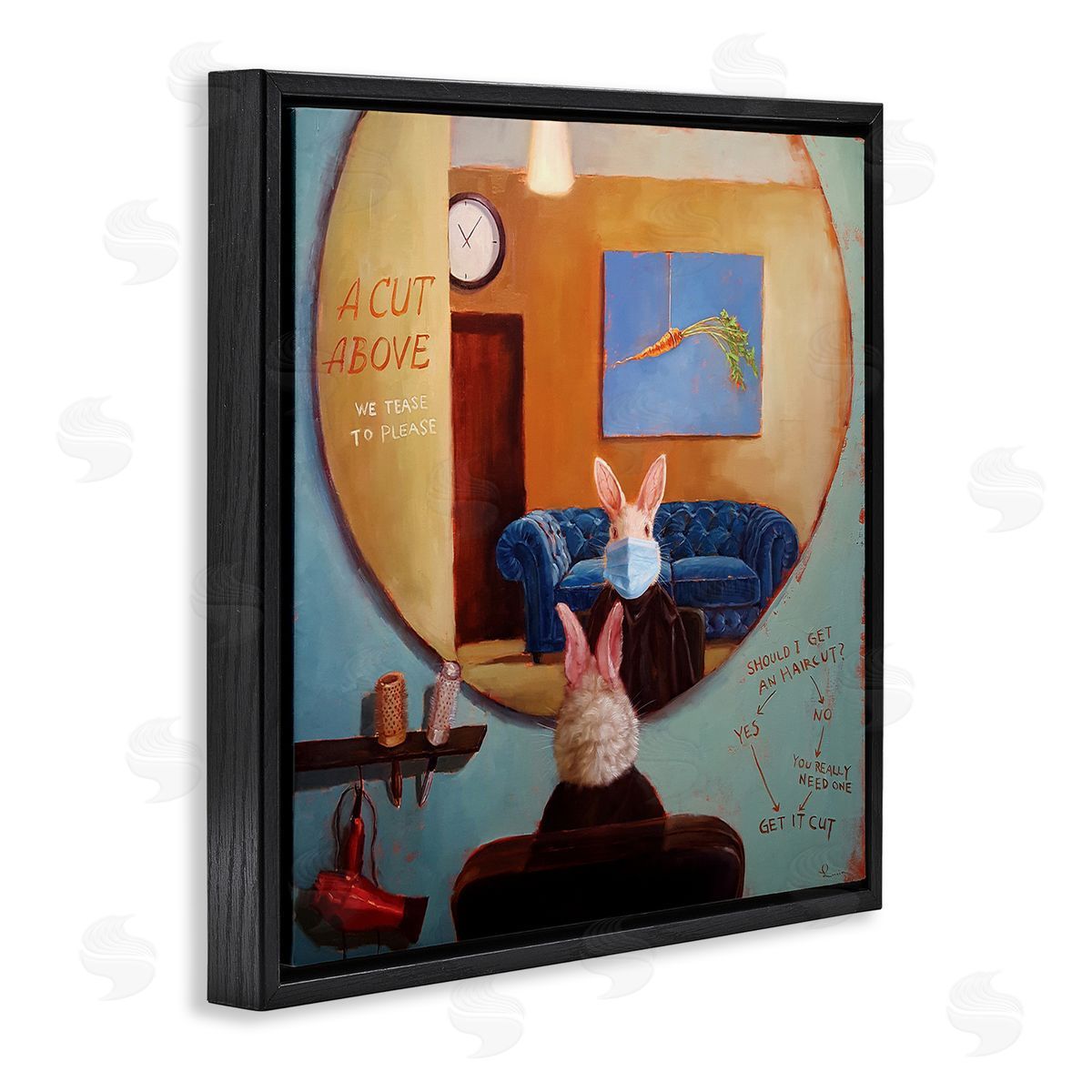 Lucia Heffernan Rabbit At Hair Salon Funny Blue Face Mask Black Floater Frame Canvas Art