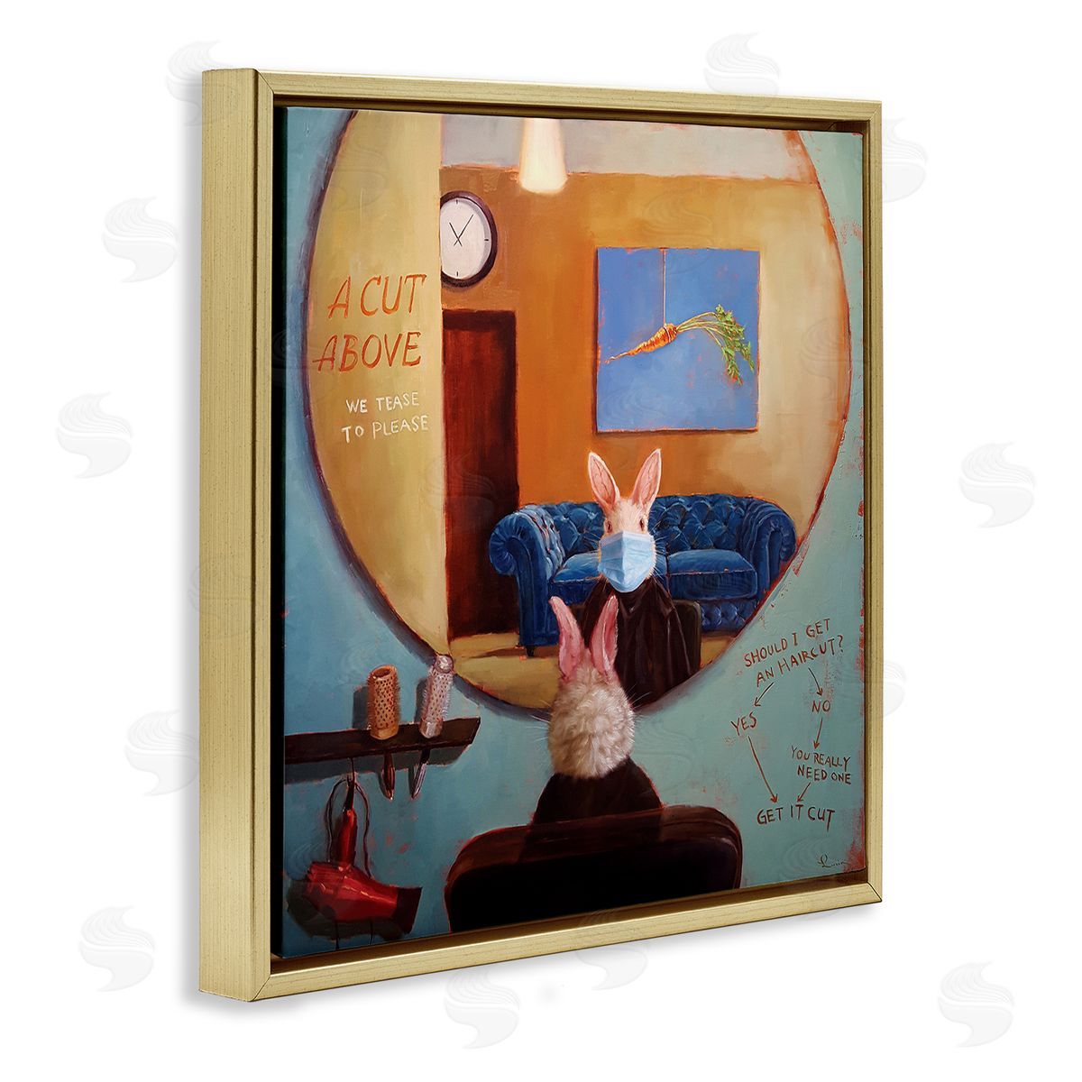 Lucia Heffernan Rabbit At Hair Salon Funny Blue Face Mask Gold Floater Frame Canvas Art
