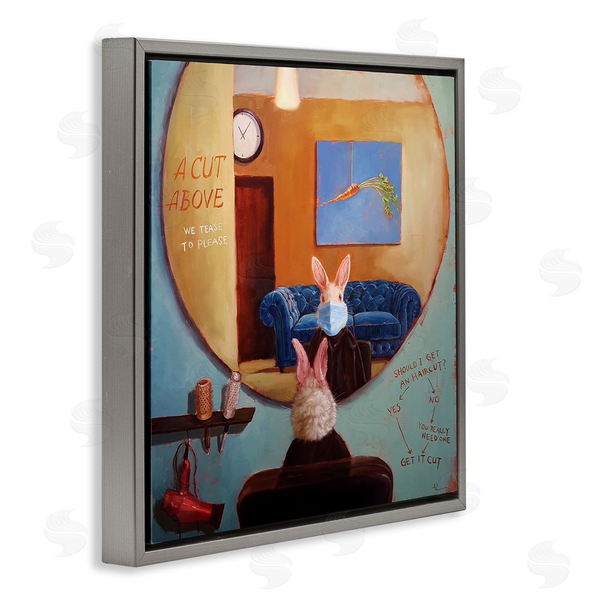Lucia Heffernan Rabbit At Hair Salon Funny Blue Face Mask Gray Floater Frame Canvas Art