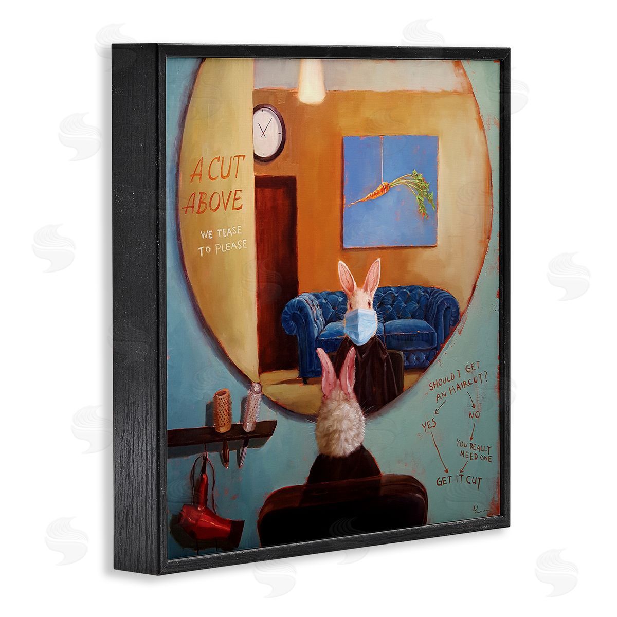 Lucia Heffernan Rabbit At Hair Salon Funny Blue Face Mask Black Framed Giclee Wall Art