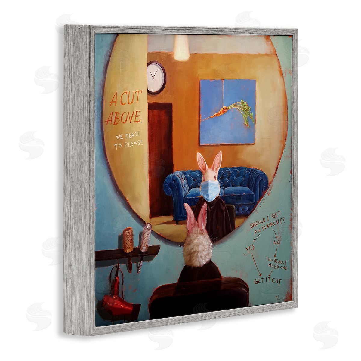 Lucia Heffernan Rabbit At Hair Salon Funny Blue Face Mask Gray Framed Giclee Wall Art