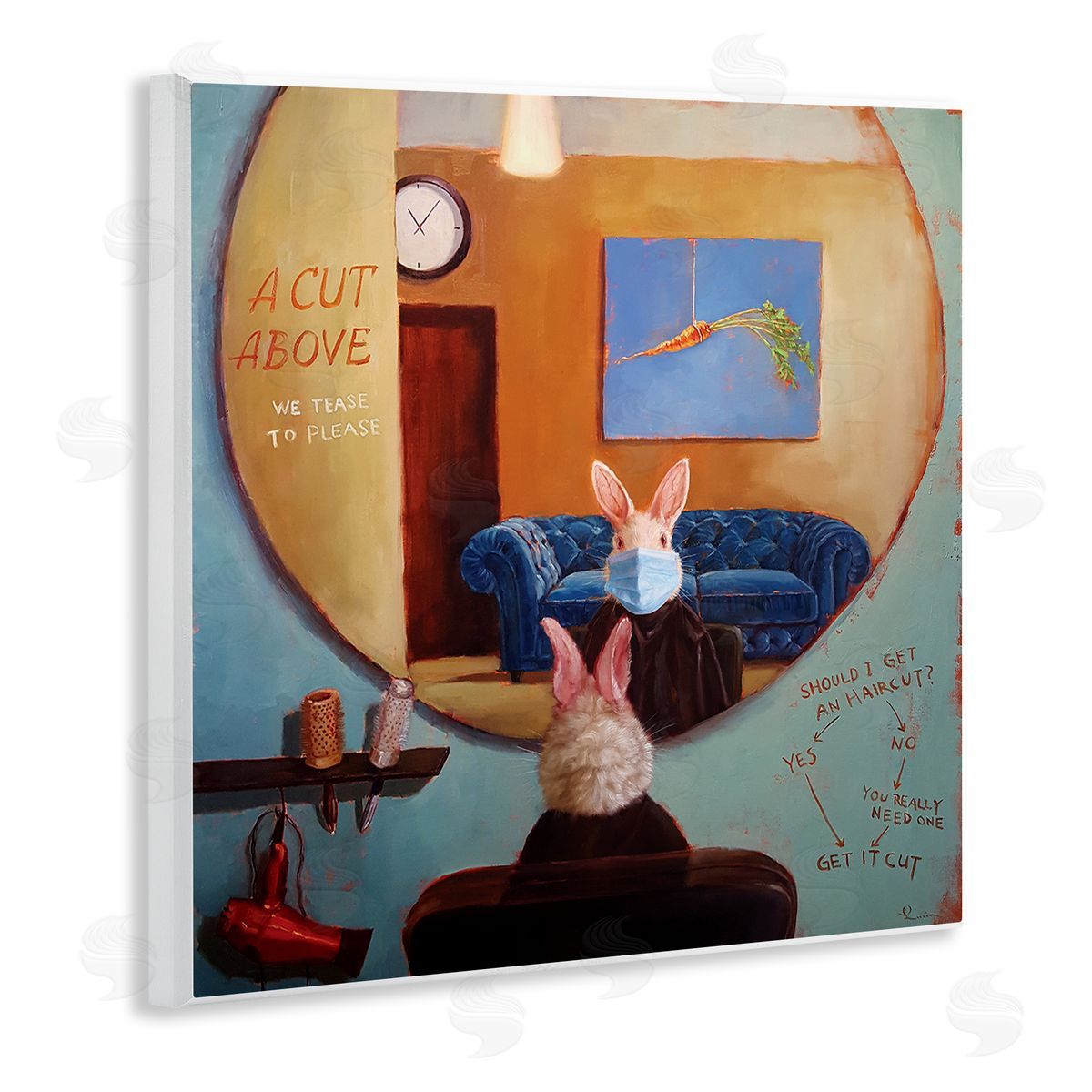 Lucia Heffernan Rabbit At Hair Salon Funny Blue Face Mask Wall Plaque Art