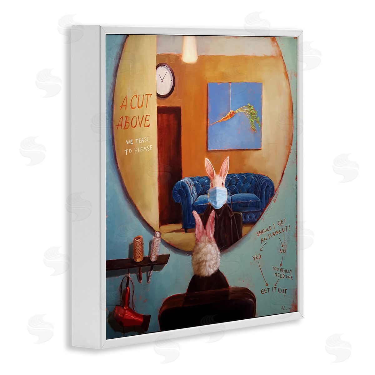 Lucia Heffernan Rabbit At Hair Salon Funny Blue Face Mask White Framed Giclee Wall Art