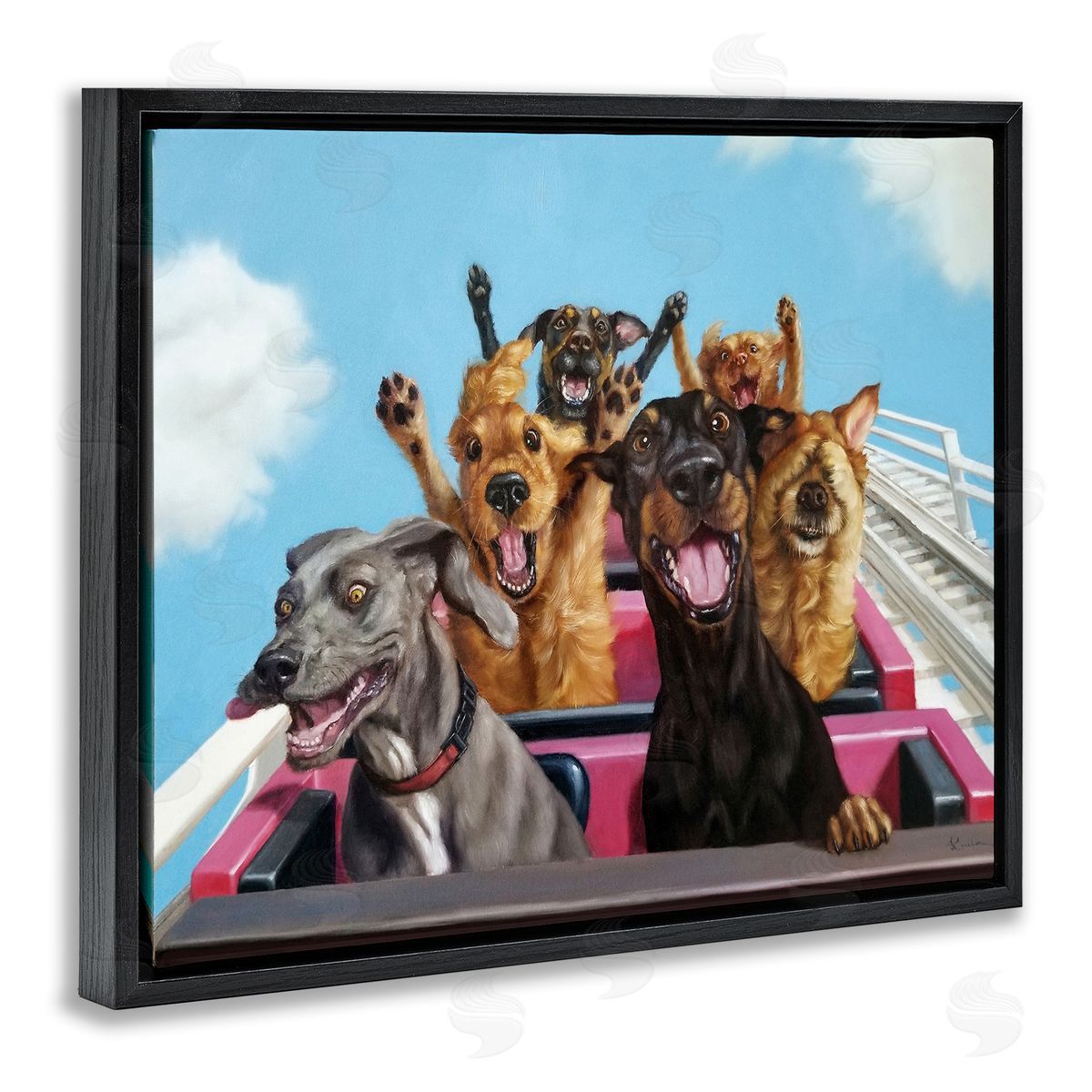 Dogs Riding Roller Coaster Black Floating Frame Canvas Wall Art, Home Decor by Lucia Heffernan
