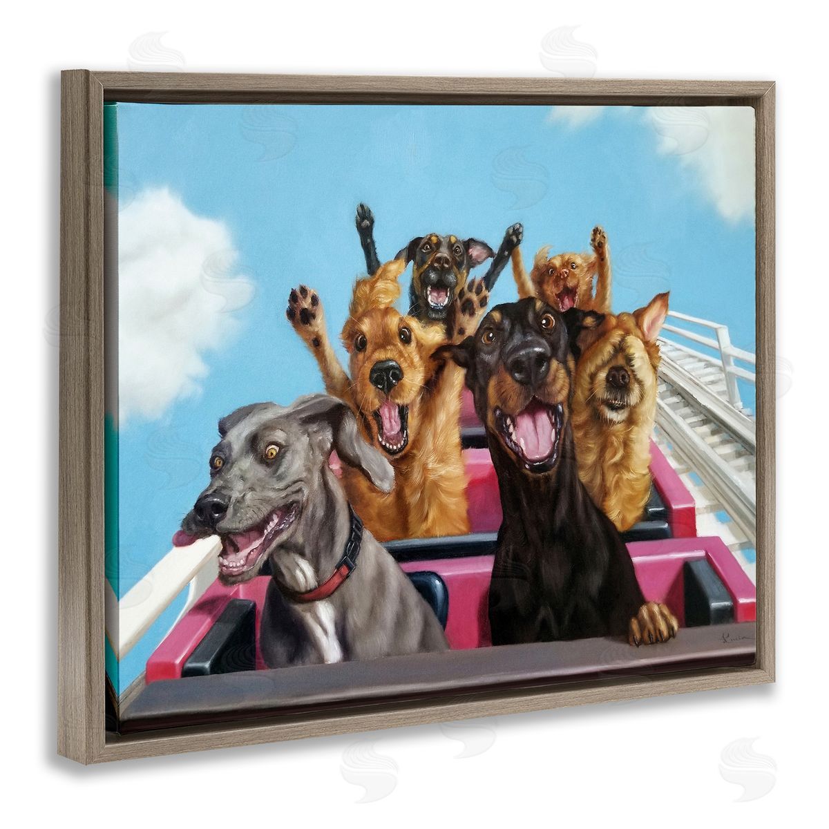 Dogs Riding Roller Coaster Brown Floating Frame Canvas Wall Art, Home Decor by Lucia Heffernan
