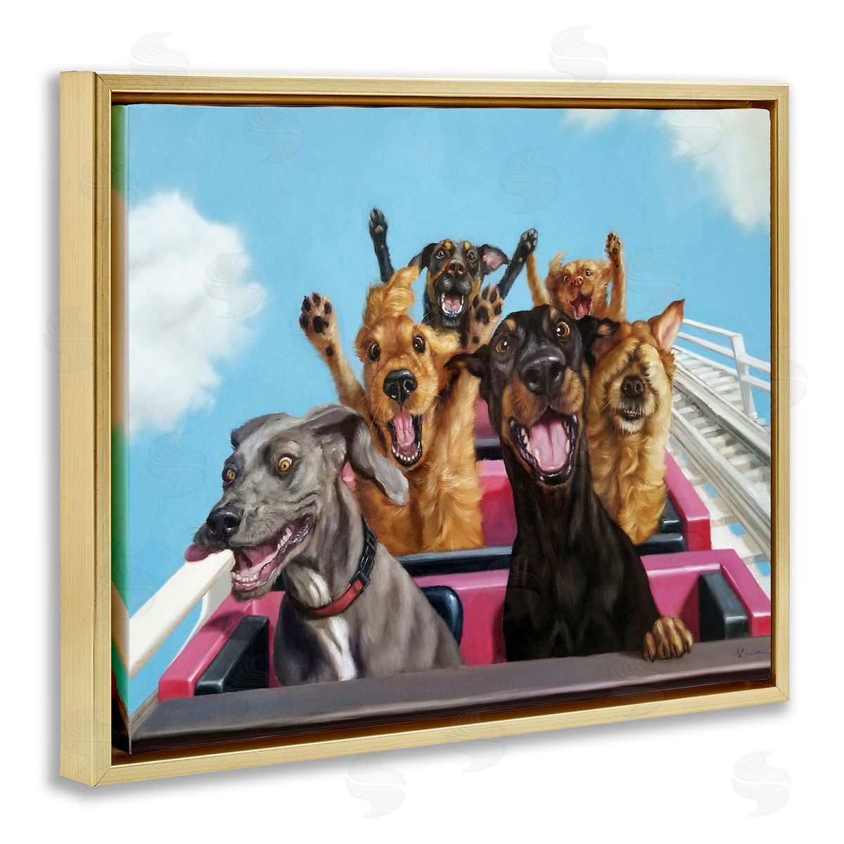 Dogs Riding Roller Coaster Gold Floating Frame Canvas Wall Art, Home Decor by Lucia Heffernan