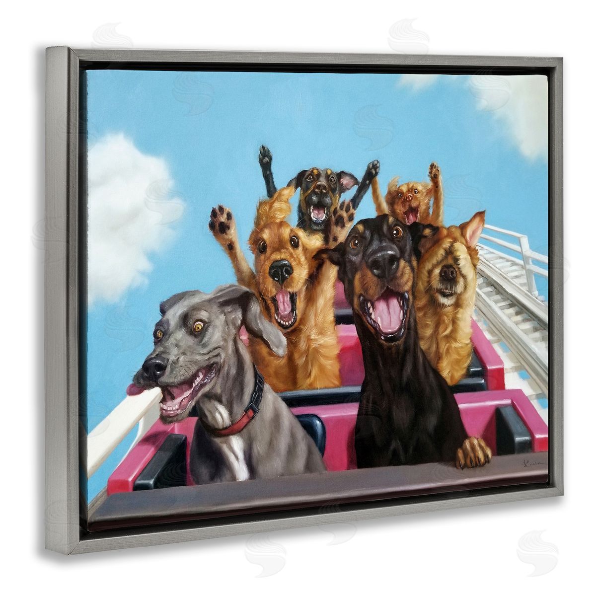 Dogs Riding Roller Coaster Grey Floating Frame Canvas Wall Art, Home Decor by Lucia Heffernan