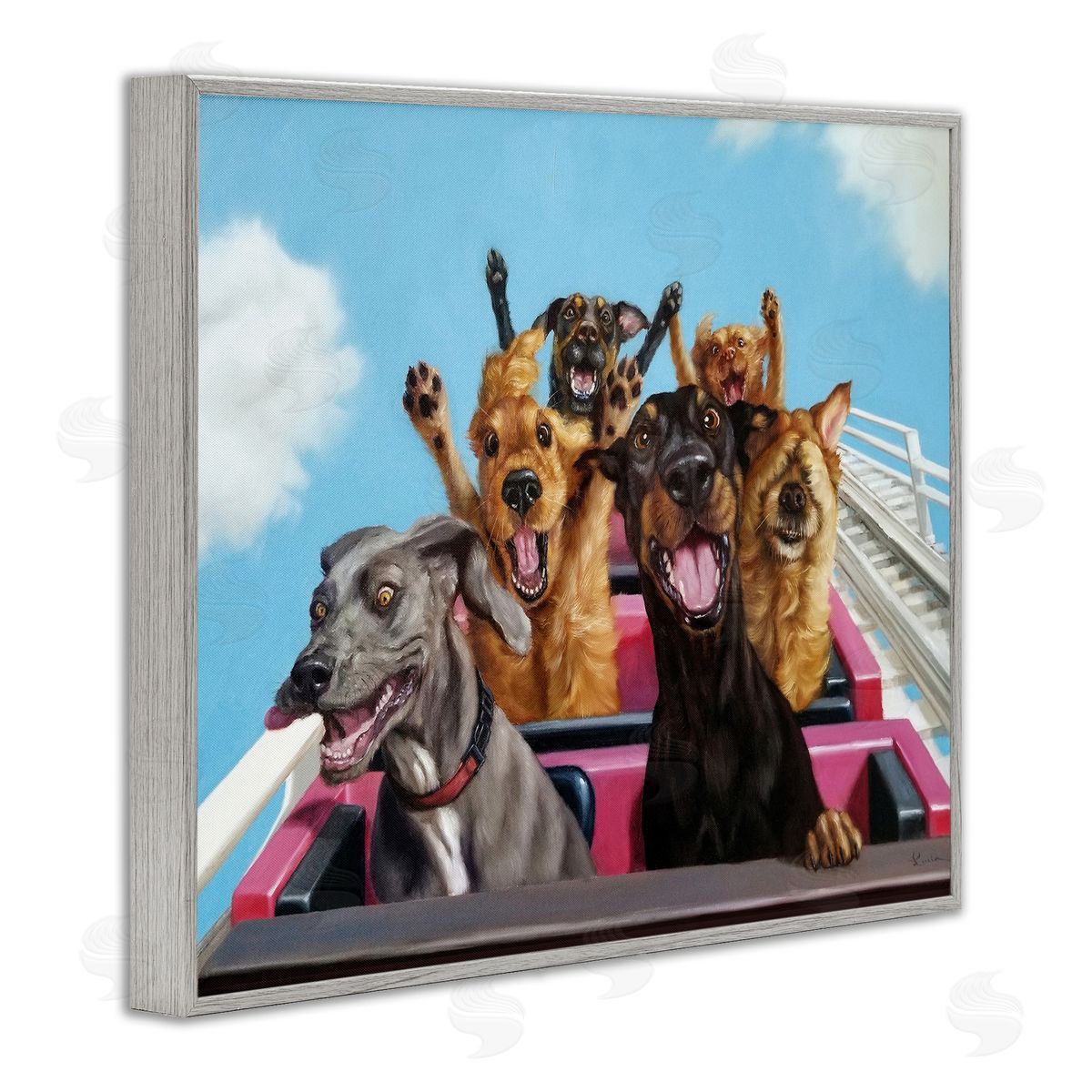 Dogs Riding Roller Coaster Grey Frame Print Wall Art, Home Decor by Lucia Heffernan