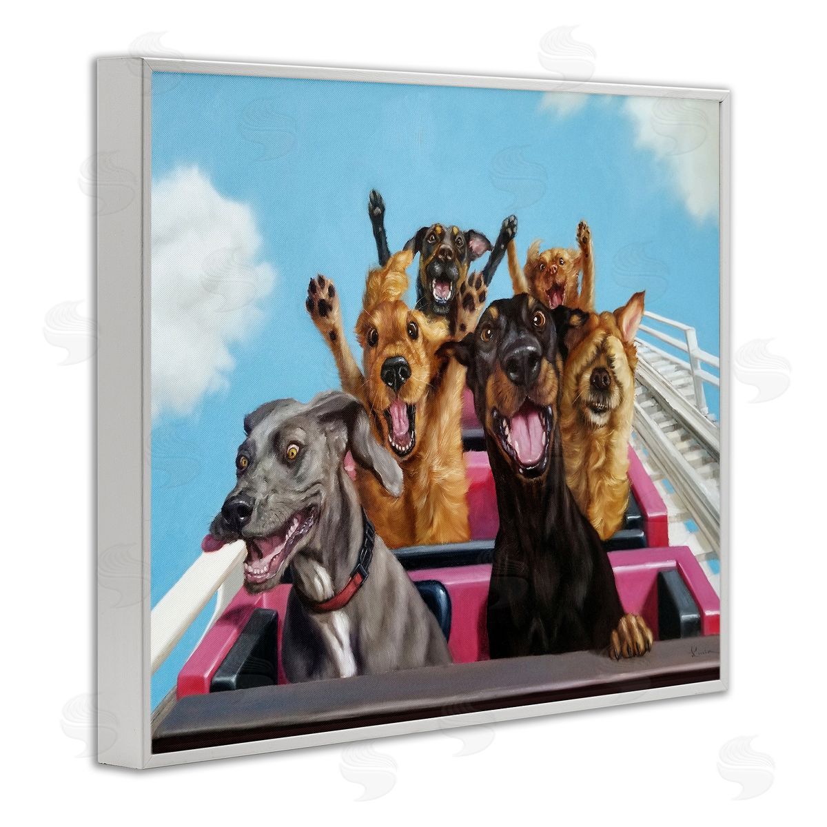 Dogs Riding Roller Coaster White Frame Print Wall Art, Home Decor by Lucia Heffernan
