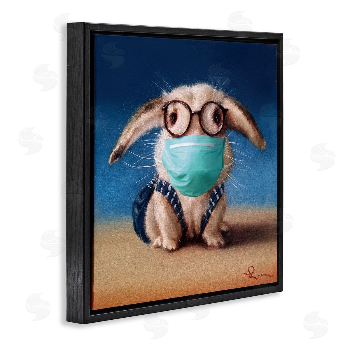 Lucia Heffernan Baby Bunny With Glasses Modern Blue Face Mask Black Floater Frame Canvas Art