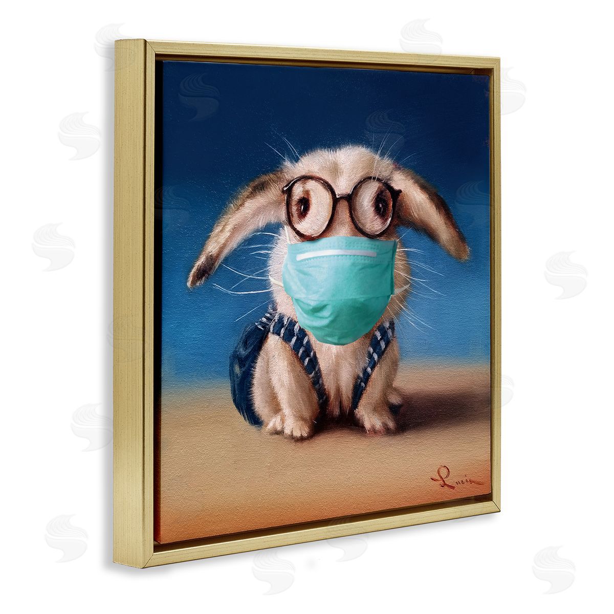 Lucia Heffernan Baby Bunny With Glasses Modern Blue Face Mask Gold Floater Frame Canvas Art