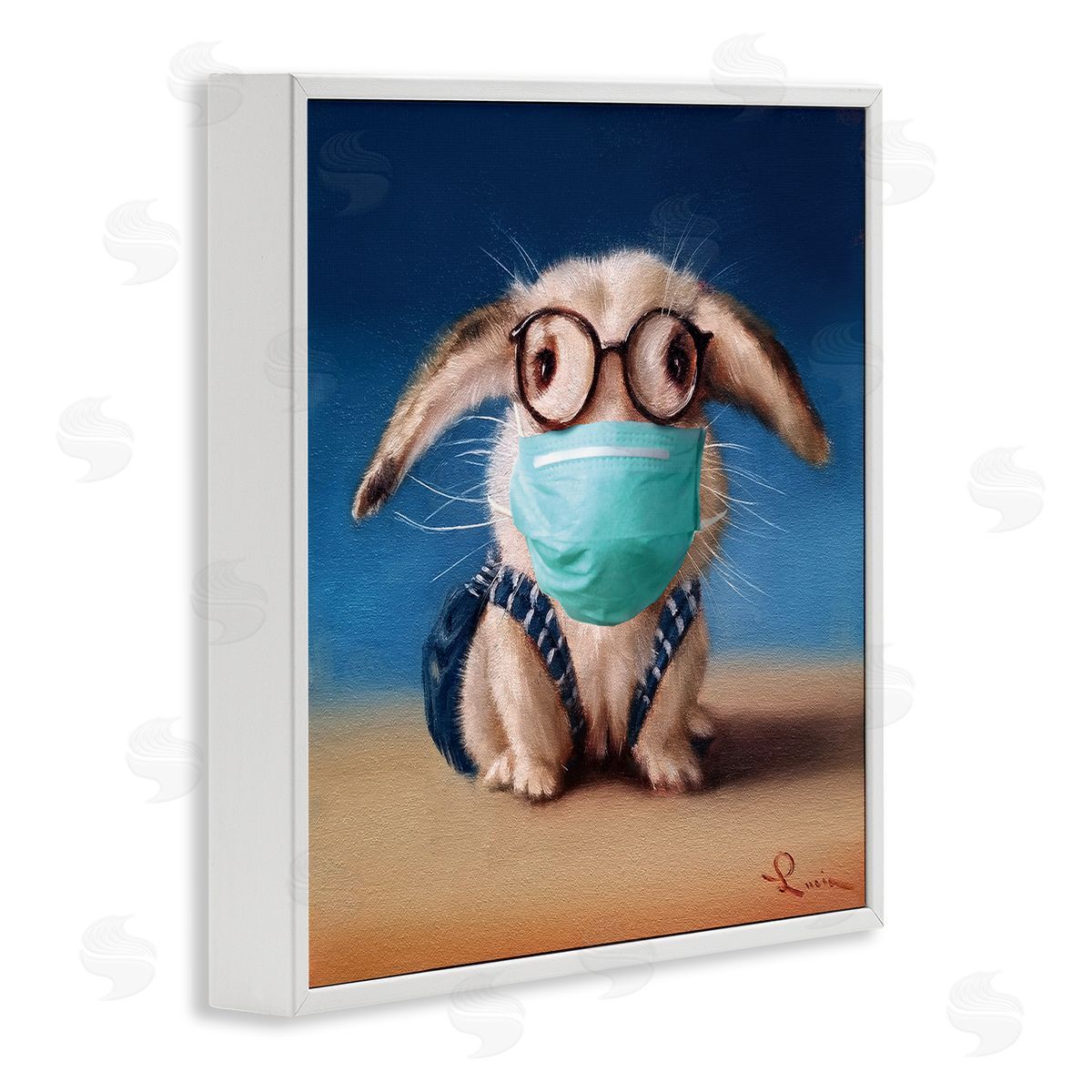 Lucia Heffernan Baby Bunny With Glasses Modern Blue Face Mask White Framed Giclee Wall Art