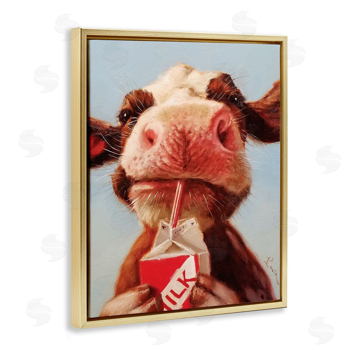 Lucia Heffernan Baby Cow Milk Box Carton Farm Portrait Gold Floater Frame Canvas Art