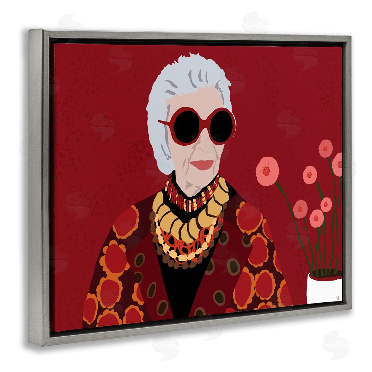 Nancy Ferrara Apfel Fashion Icon Glamourous Red Portrait Gray Floater Frame Canvas Art