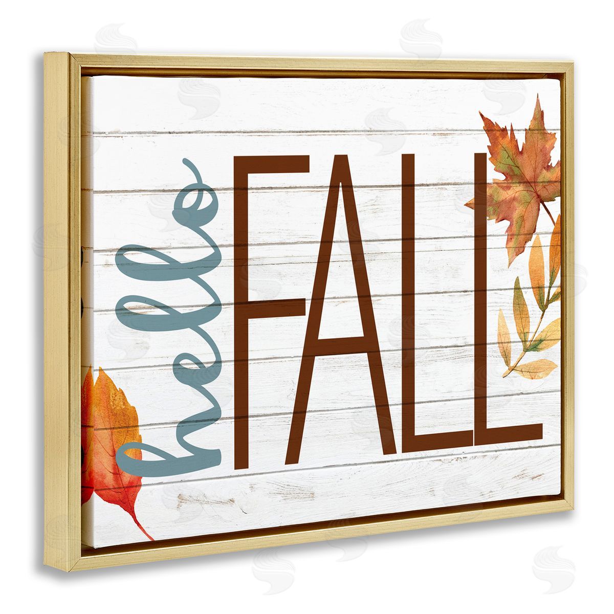 Kim Allen Hello Fall Planked Look Autumn Foliage Gold Floater Frame Canvas Art