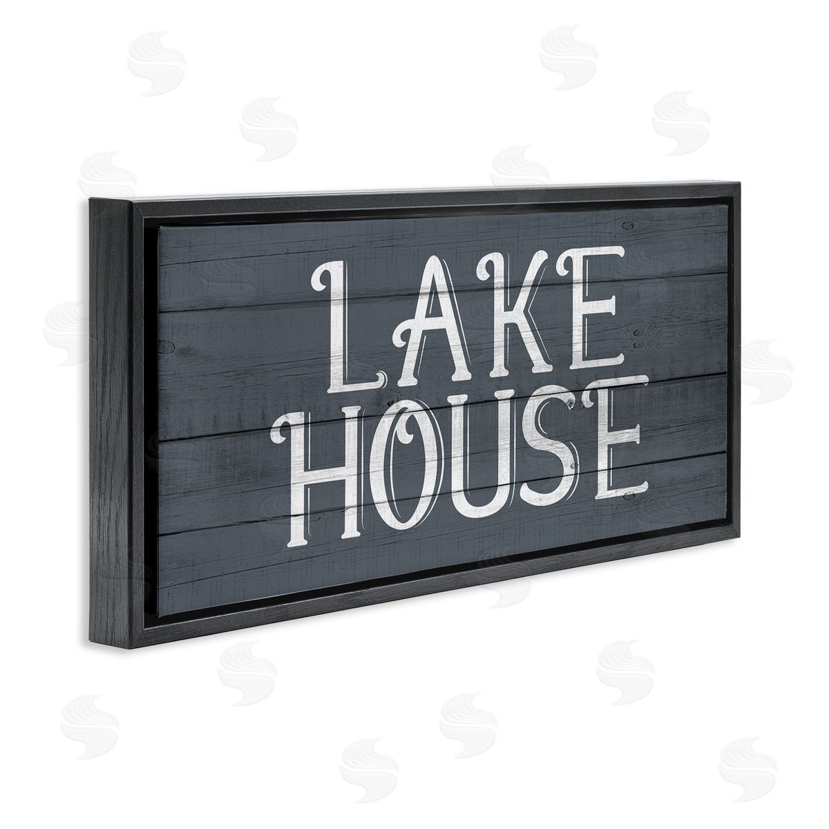 Kim Allen Lake House Sign Blue White Planked Look Black Floater Frame Canvas Art