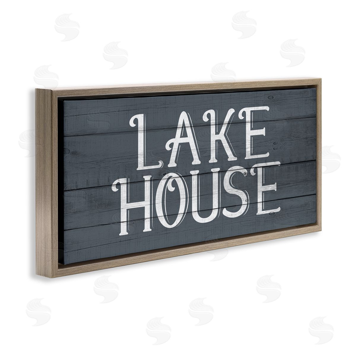 Kim Allen Lake House Sign Blue White Planked Look Brown Floater Frame Canvas Art