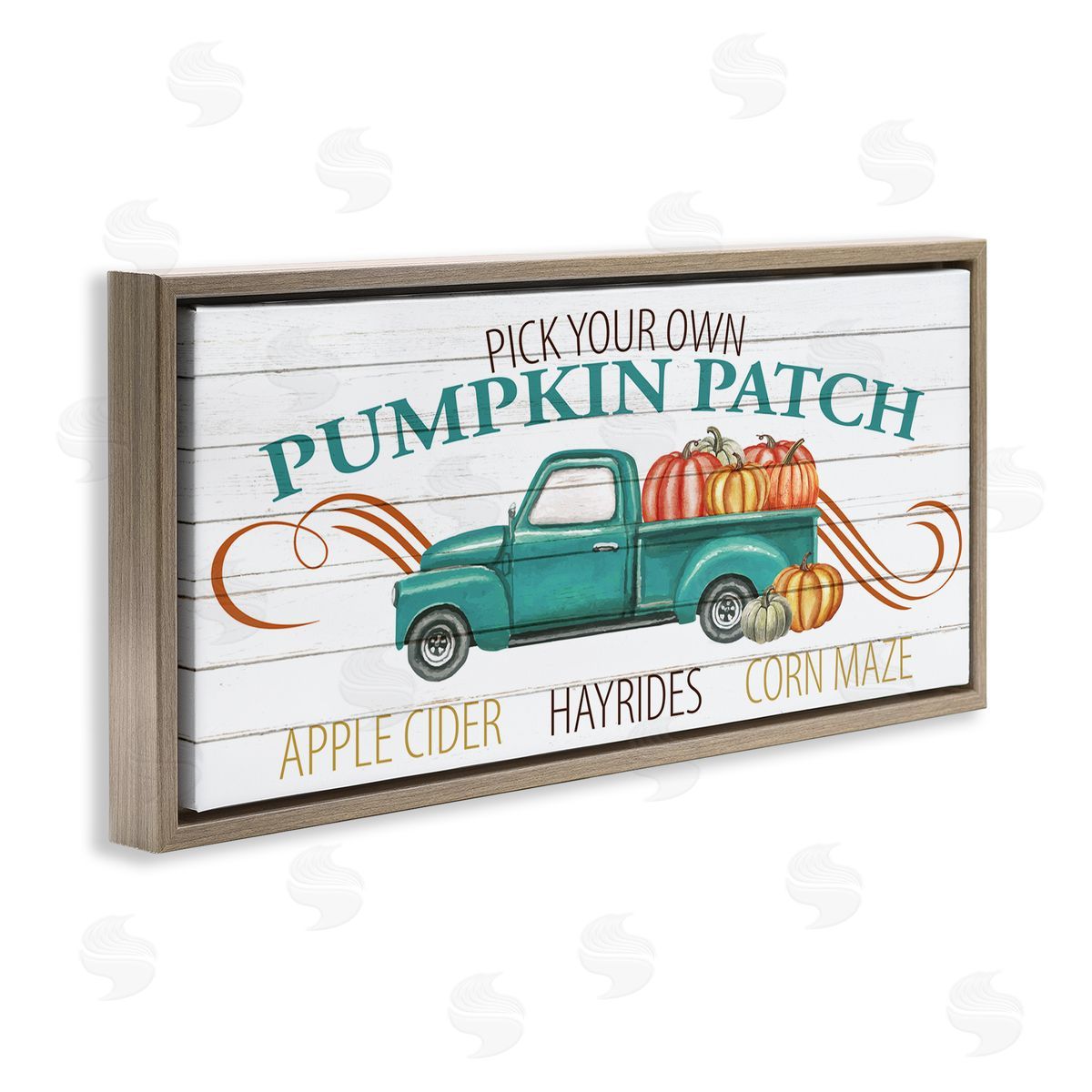 Kim Allen Turquoise Truck Autumn Harvest Pumpkin Patch Sign Brown Floater Frame Canvas Art