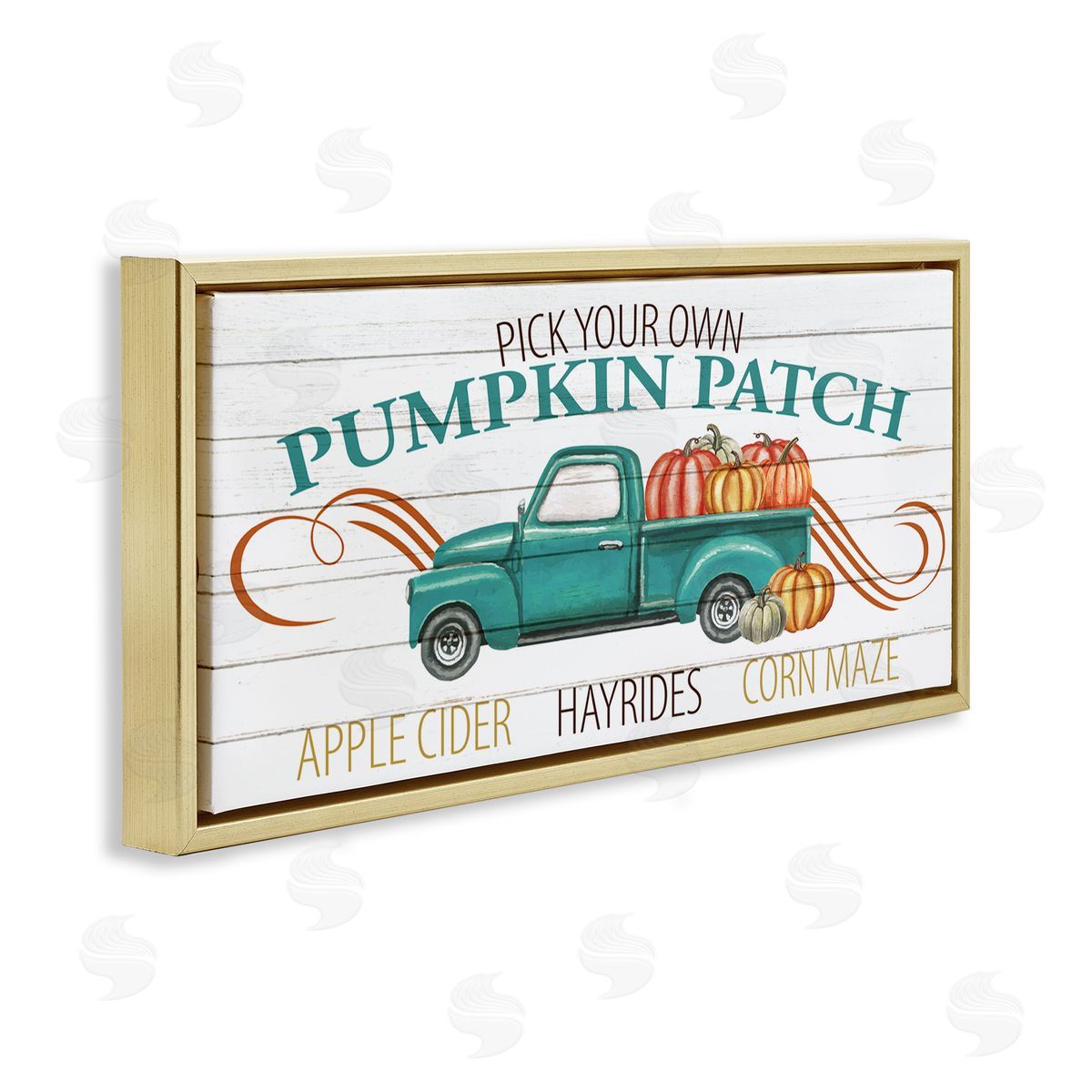 Kim Allen Turquoise Truck Autumn Harvest Pumpkin Patch Sign Gold Floater Frame Canvas Art