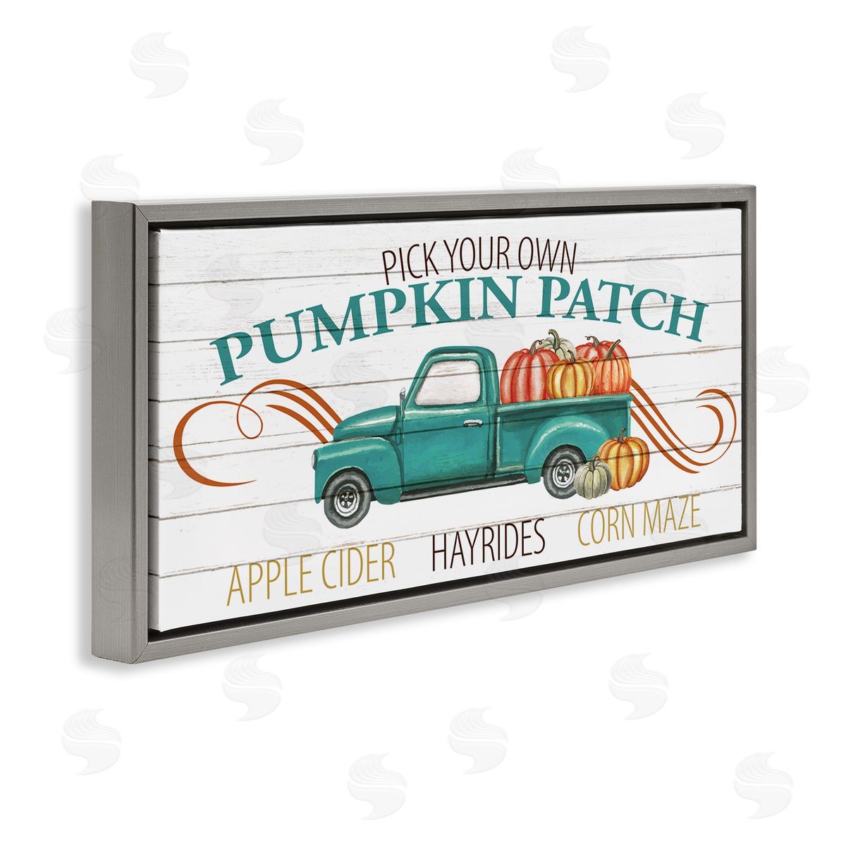 Kim Allen Turquoise Truck Autumn Harvest Pumpkin Patch Sign Gray Floater Frame Canvas Art