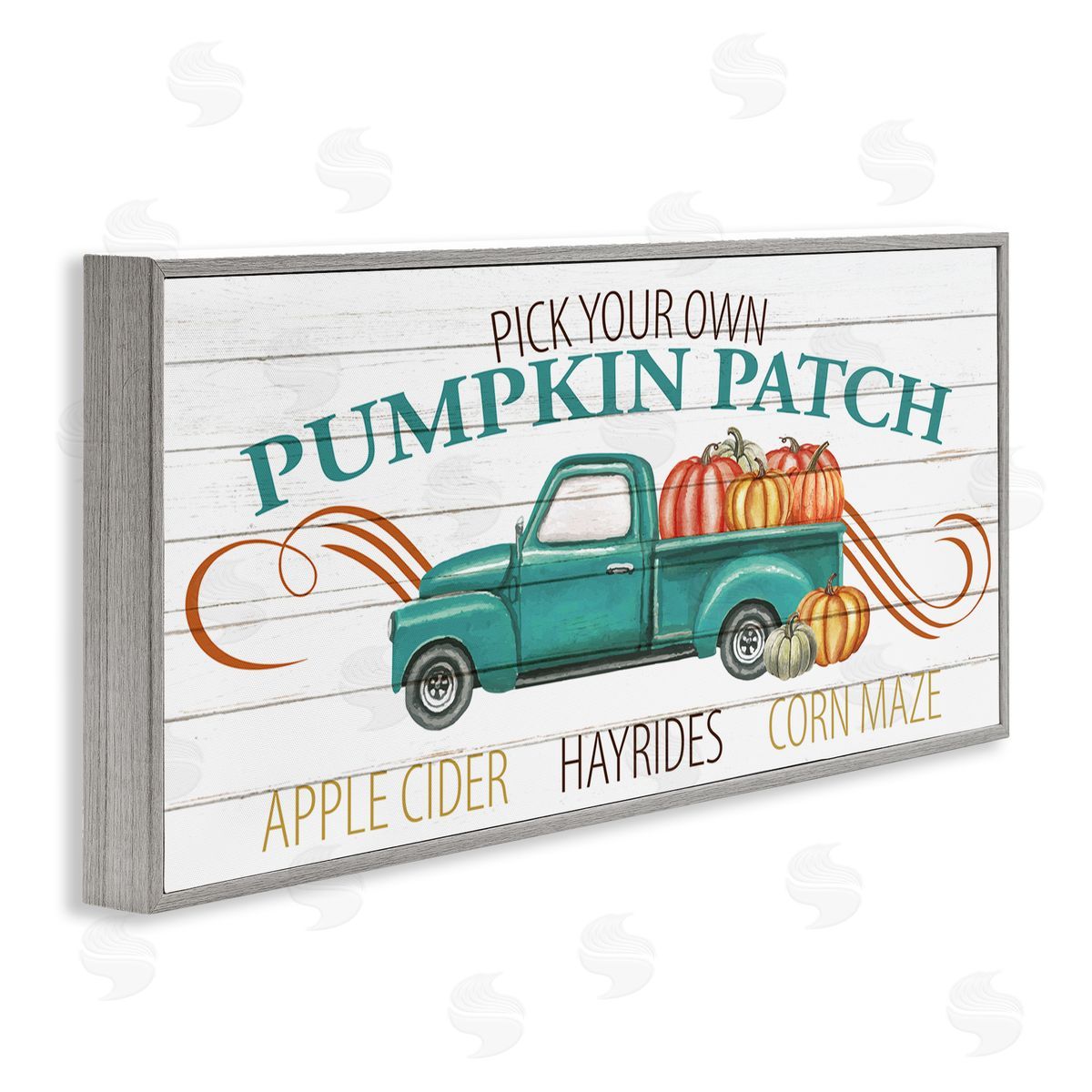 Kim Allen Turquoise Truck Autumn Harvest Pumpkin Patch Sign Gray Framed Giclee Wall Art
