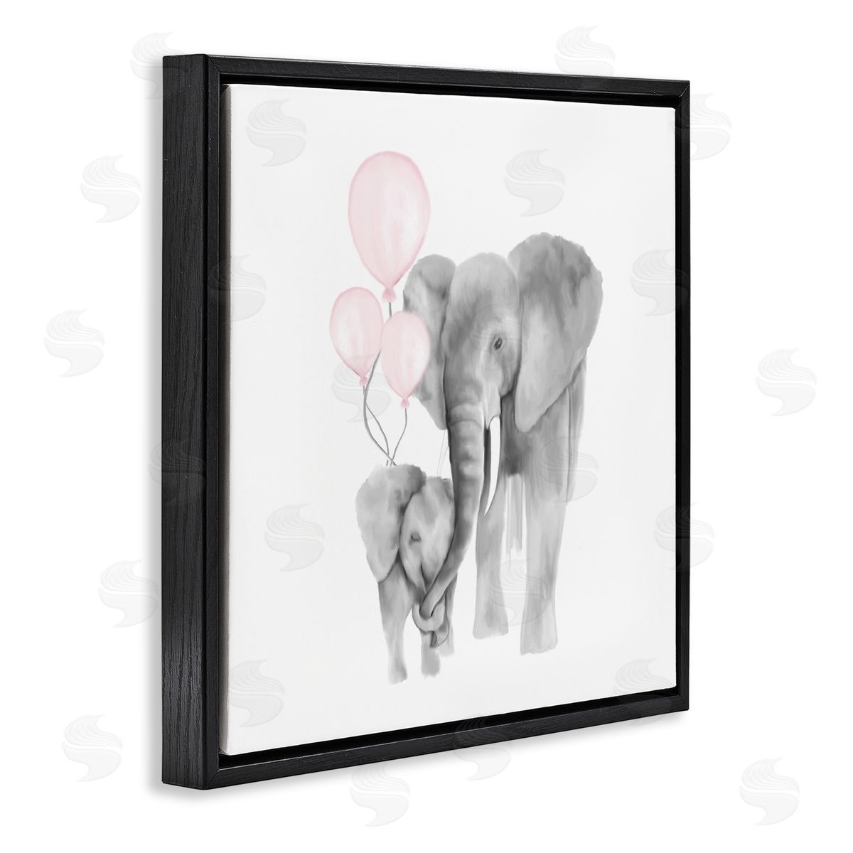 Kim Allen Happy Elephant Family Trunk Hug Pink Balloons Black Floater Frame Canvas Art