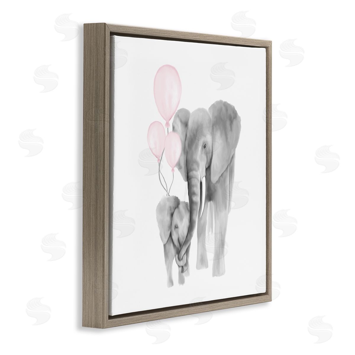 Kim Allen Happy Elephant Family Trunk Hug Pink Balloons Brown Floater Frame Canvas Art