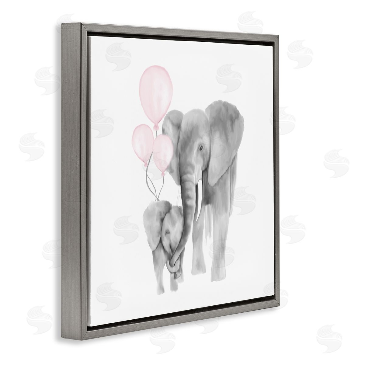 Kim Allen Happy Elephant Family Trunk Hug Pink Balloons Gray Floater Frame Canvas Art