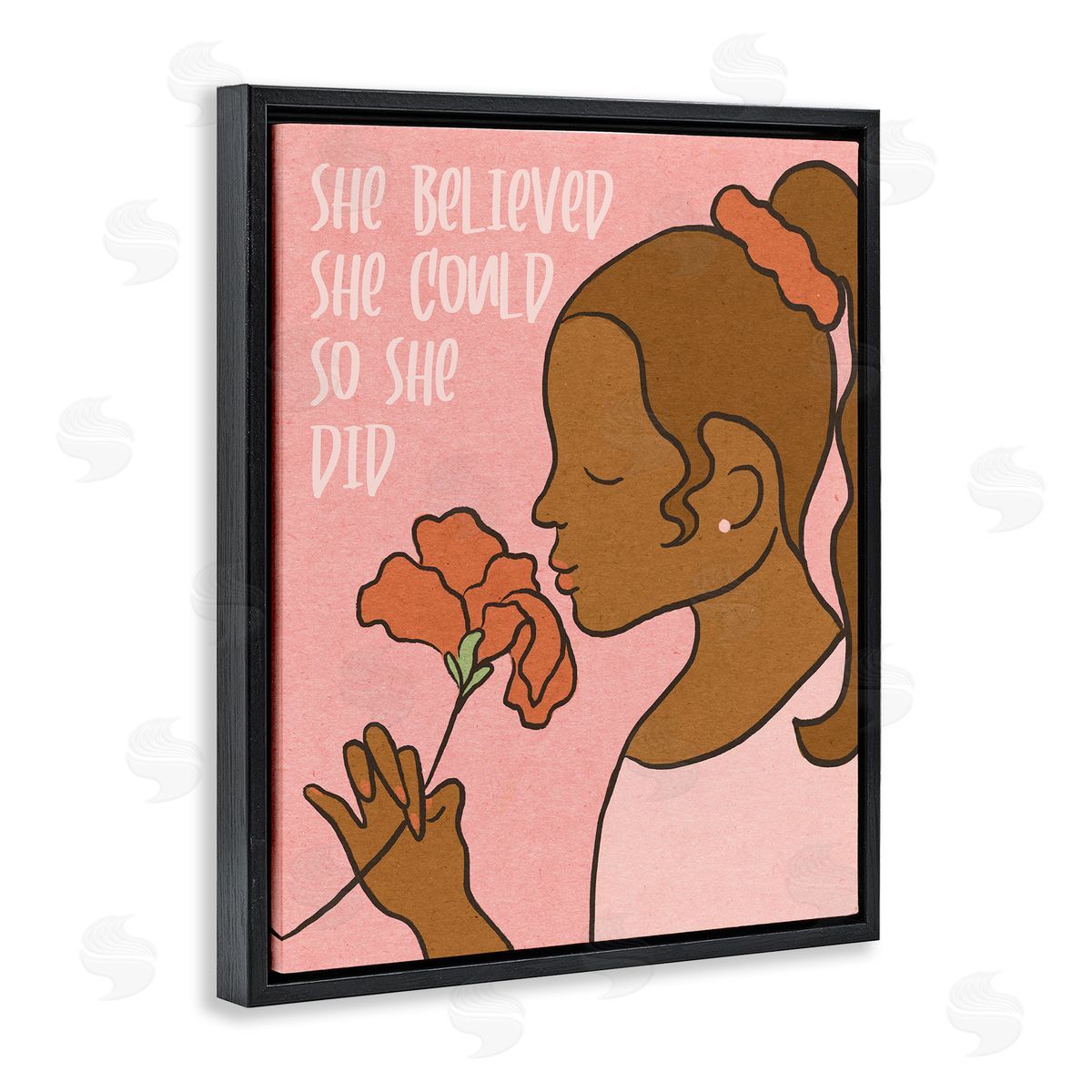 Stupell Studio So She Did Inspirational Phrase Girl with Flower Black Floater Frame Canvas Art