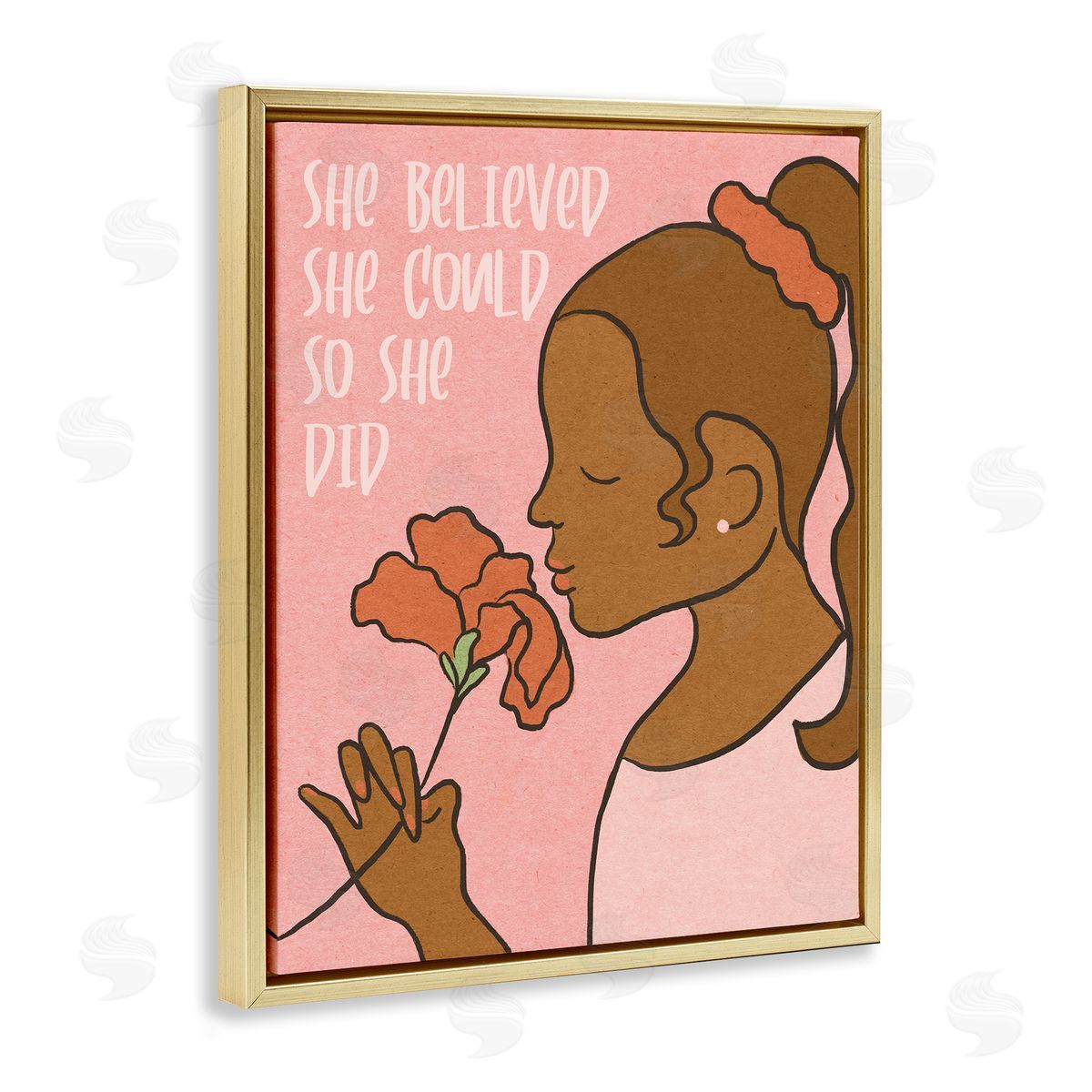 Stupell Studio So She Did Inspirational Phrase Girl with Flower Gold Floater Frame Canvas Art