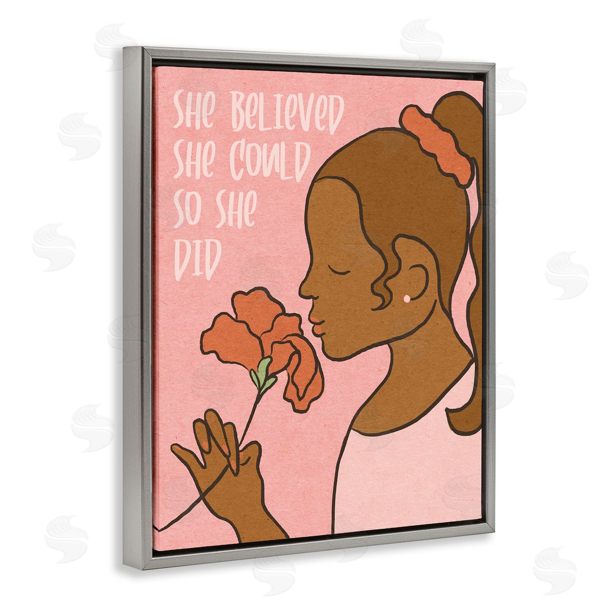 Stupell Studio So She Did Inspirational Phrase Girl with Flower Gray Floater Frame Canvas Art