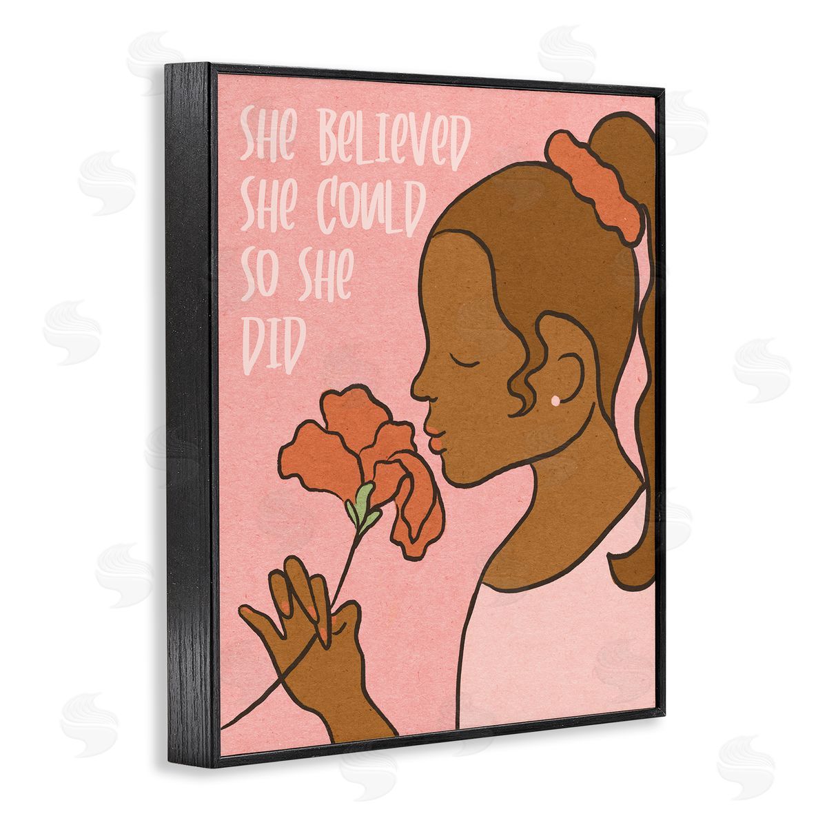 Stupell Studio So She Did Inspirational Phrase Girl with Flower Black Framed Giclee Wall Art